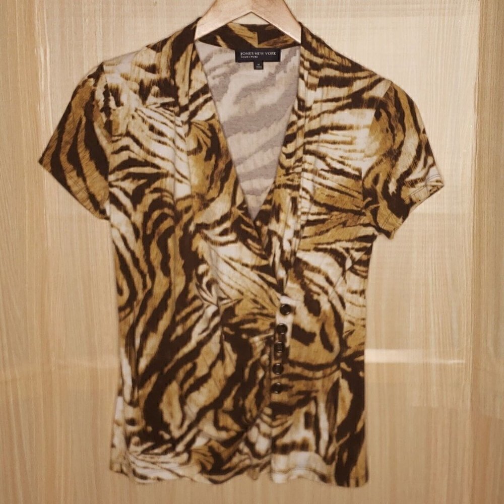 Jones New York Signature Cream Brown Faux Wrap Knit Animal Print Top Medium